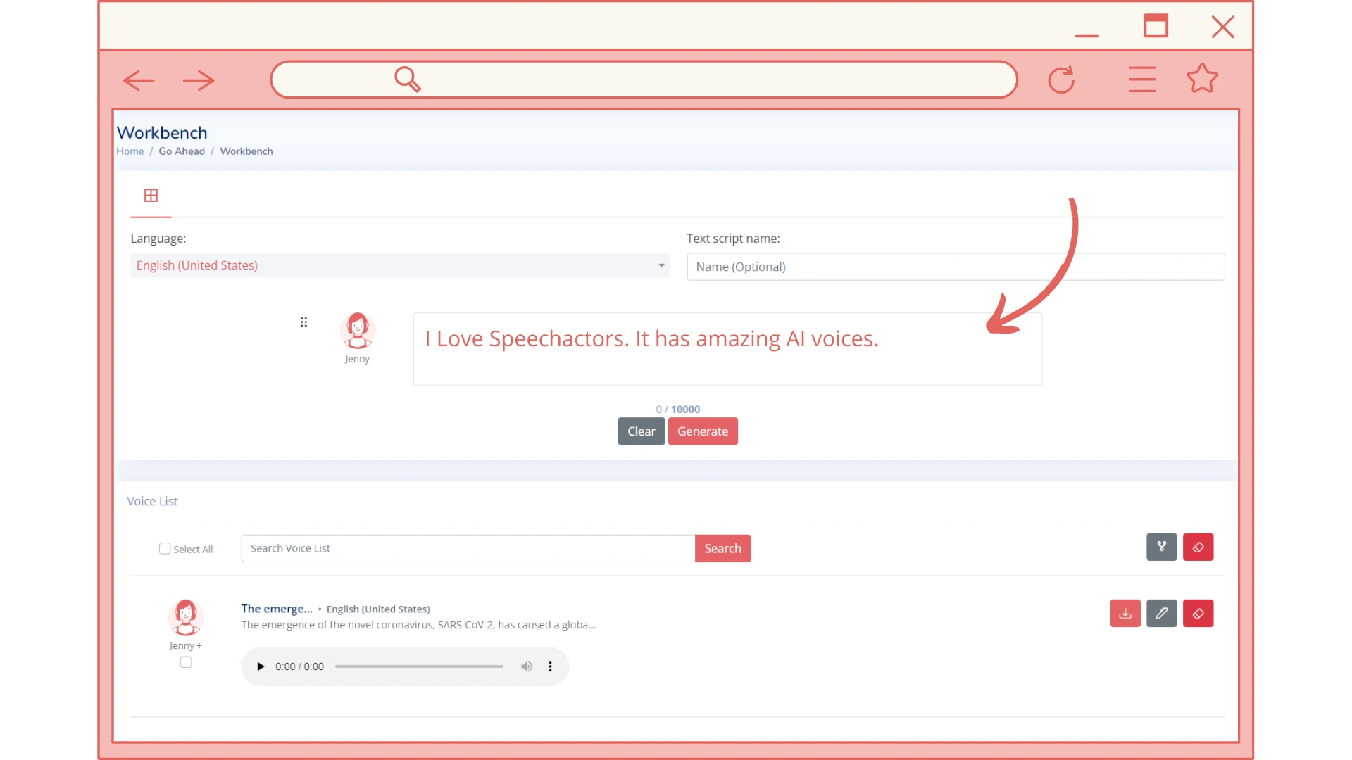 add or paste text for speech generation